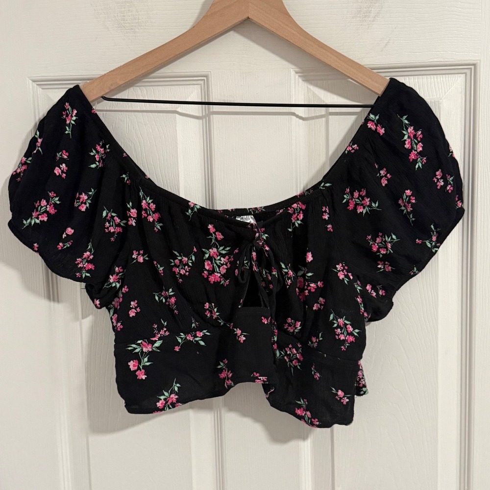 No‎ Boundaries XXL Black Pink Floral Crop Top Smocked Coquette Ditsy Fairy